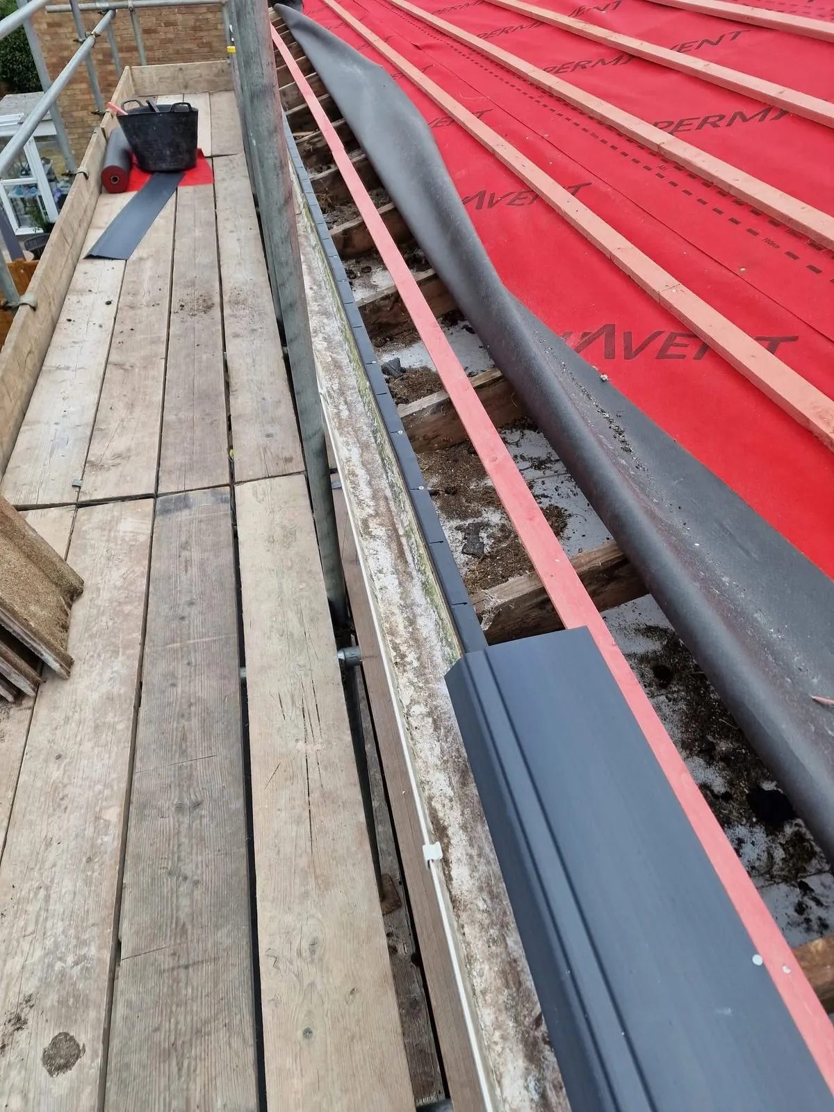 Breathable membrane and battens fitted during a re-roof in Polzeath